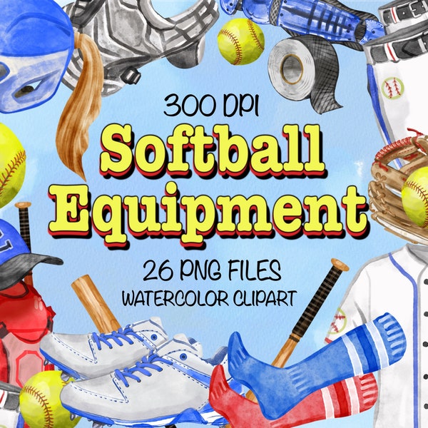 Softball Equipments Png Bundle For Creators 26 PNG Files,Watercolor Softball Clipart,Watercolor Sport Printable,Softball Png,Digital Clipart