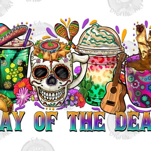 Tazas de café con calaveras del día de los muertos png, tazas de café mexicanas png, día mexicano png, México png, fiesta png, descarga de diseños sublimados