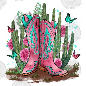 Cowgirl boots cactus and flowers png sublimation design download, western boots png, cowgirl png, western png, sublimate designs download
