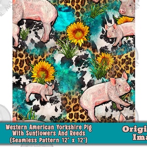 Western American Yorkshire Pig Sunflowers Seamless Pattern Png, Digital Seamless Pattern Png, Digital Paper Png, Printable Scrapbook Paper