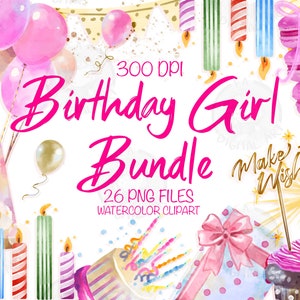 Birthday Girl Png Bundle For Creators, Watercolor Birthday Girl Clipart, Watercolor Birthday Printable, Birthday Clipart, Digital Clipart