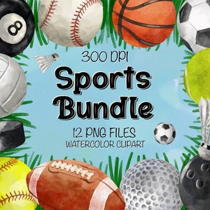 Sport Balls Png Bundle For Creators 12 PNG Files, Watercolor Sports Clipart, Watercolor Sport Printable, Sports Clipart, Digital Clipart