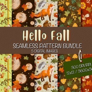 Hello Fall Seamless Pattern Design Bundle,Watercolor Fall Seamless Digital Paper,Autumn Forest Animals Seamless Pattern,Digital Scrapbooking