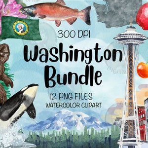 Washington Png Bundle For Creators, Watercolor Washington Clipart, Washington Watercolor Clipart, Washington Png, Digital Clipart