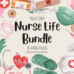 Watercolor Nurse Life Png Clipart Bundle For Creators, Hand Drawn Nurse Life Clipart Set of 16, Nurses Medical Clipart, Digital Download