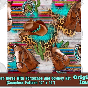 Western Horse With Horseshoe And Cowboy Hat Seamless Pattern Png, Digital Seamless Pattern Png, Digital Paper Png, Printable Scrapbook Paper
