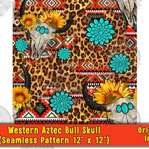 Western Aztec Bull Skull And Gemstone Seamless Pattern Png,Western Digital Seamless Pattern Png,Digital Paper Png, Printable Scrapbook Paper