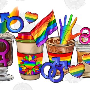 LGBTQ+ coffee cups png sublimation design download, LGBTQ+ png, pride png, colorful hearts png, coffee cups png, sublimate designs download