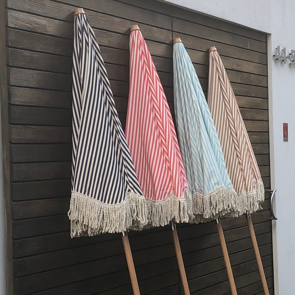 Outdoor Parasol - Garden, Beach, Glamping, Patio. UV Sunshade Canvas and Wood Umbrella. Tilt Hinge Large Vintage Boho Style Tassel Fringed.