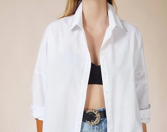 Women Oversized shirt Casual Long Sleeve Loose Fit Shirt Cotton Button Down Shirt Plain Solid Color Button Down Shirt