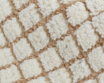 Hand Knotted Neutral Wool Area Rug | Ivory Beige Grid Texture Carpet 8x10 9x12 10x14 | Minimal Modern Rug for Living Room Bedroom Office