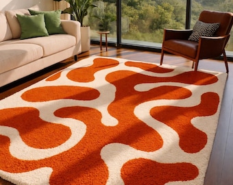 Abstract Orange Area Rug, Modern Organic Shape Carpet, Mid Century Inspired Rug, Cream and Burnt Orange Living Room Decor