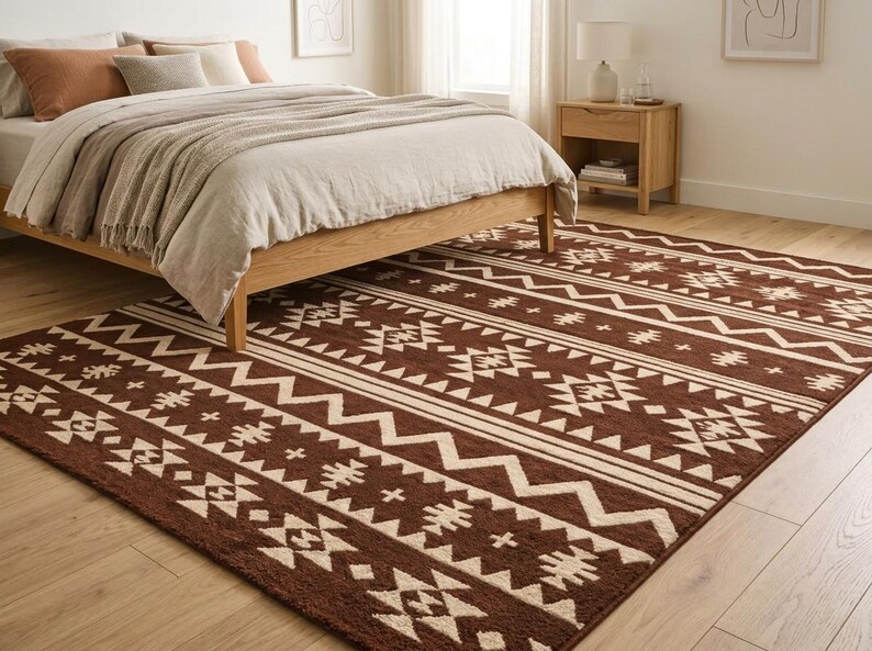 May include: A brown and cream-colored area rug with a geometric pattern is placed in a bedroom. The rug features repeating patterns of zigzags, triangles, and other shapes. A bed with a wooden frame and neutral bedding is in the background.