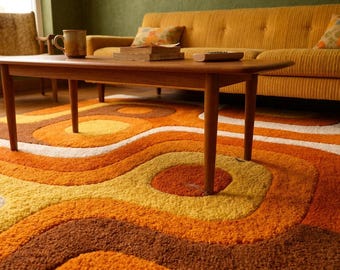Retro Abstract Area Rug, 70s Mid Century Modern Carpet, Orange Yellow Geometric Rug, Vintage Inspired Living Room Decor