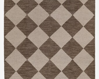 Hand Knotted Neutral Wool Area Rug | Brown & Beige Diamond Pattern Large Carpet 8x10 9x12 10x14 | Soft Checkered Rug for Living Room Bedroom