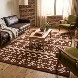 Terracotta Tribal Area Rug, Boho Geometric Carpet, Mudcloth Pattern Rug, Southwestern Style Floor Rug, Warm Earth Tone Decor image 2
