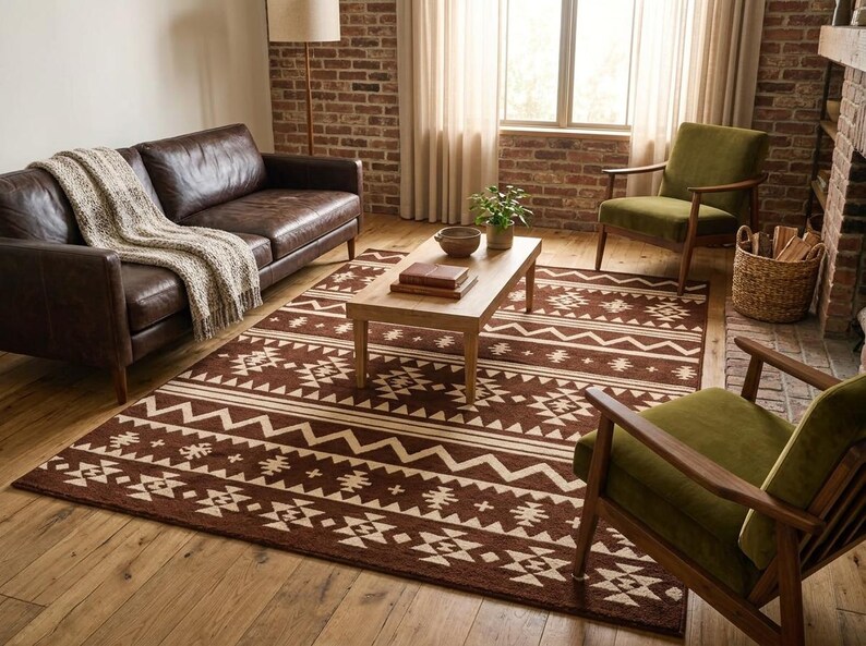 Terracotta Tribal Area Rug, Boho Geometric Carpet, Mudcloth Pattern Rug, Southwestern Style Floor Rug, Warm Earth Tone Decor image 2