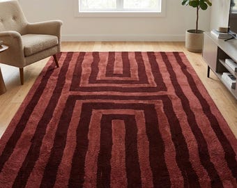 Red Geometric Area Rug, Modern Abstract Carpet, Burgundy Striped Rug, Mid Century Minimalist Rug, Statement Living Room Decor