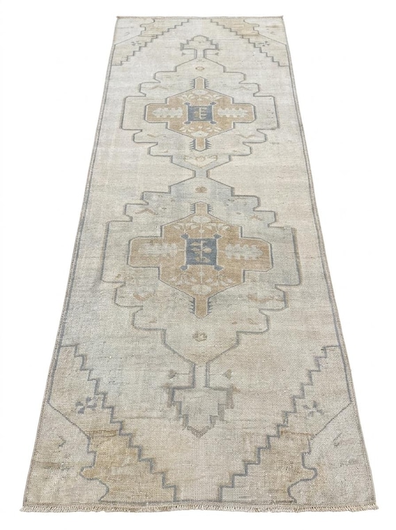 Vintage Turkish Oushak Runner Rug, Hand Knotted Wool Hallway Runner, Neutral Beige Entryway Rug, Antique Anatolian Carpet, Distressed Runner