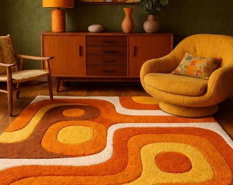 Retro Abstract Area Rug, 70s Mid Century Modern Carpet, Orange Yellow Geometric Rug, Vintage Inspired Living Room Decor