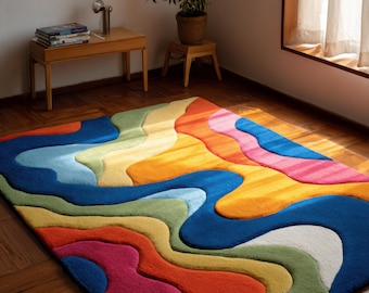 Abstract Wool Rug, Multicolor Hand-Tufted Area Rug, Boho Eclectic Decor (8x10)