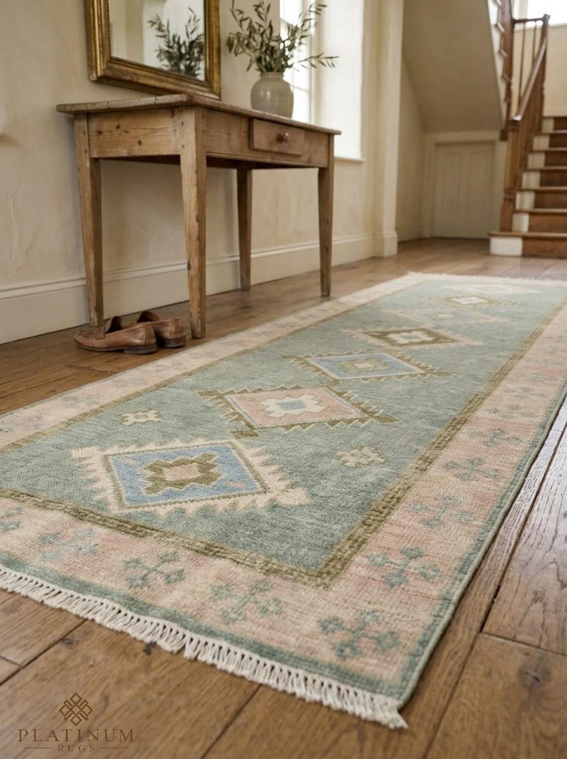 Sage Muted Rug Hand Knotted Wool Runner Rug – Muted Sage Green Oushak Hallway Runner ...