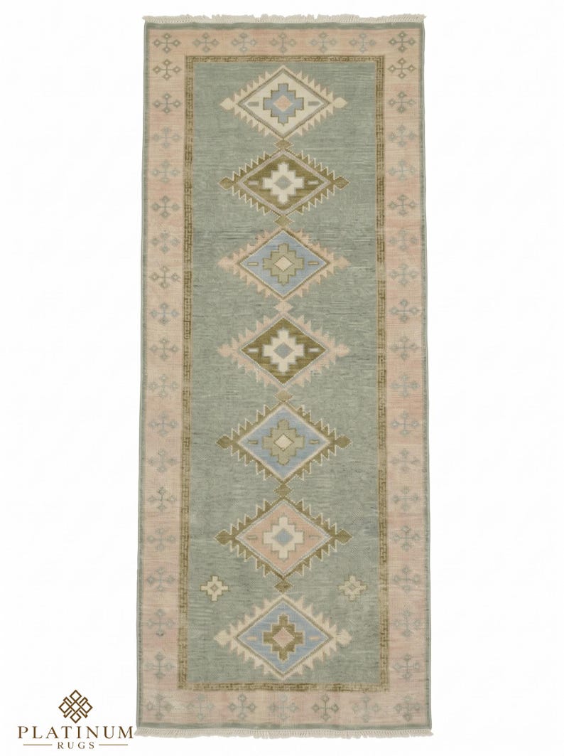 Sage Muted Rug Hand Knotted Wool Runner Rug – Muted Sage Green Oushak Hallway Runner ...