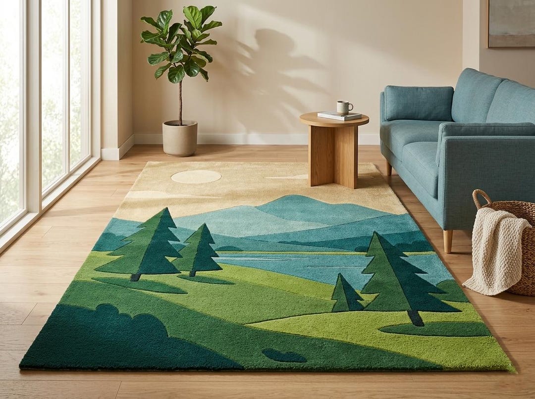 Nature Landscape Area Rug, Lake Mountain Rug, Forest Scenic Rug, Calm ...