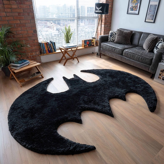 Batman Logo Shaped Black Hand Tufted Rug | Superhero Area Rug for