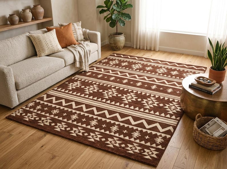 Terracotta Tribal Area Rug, Boho Geometric Carpet, Mudcloth Pattern Rug, Southwestern Style Floor Rug, Warm Earth Tone Decor image 5