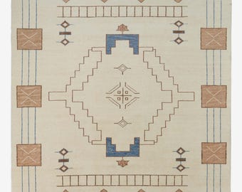 Hand Knotted Neutral Wool Area Rug | Beige Blue Traditional Carpet 8x10 9x12 10x14 | Soft Pattern Large Area Rug for Living Room Bedroom