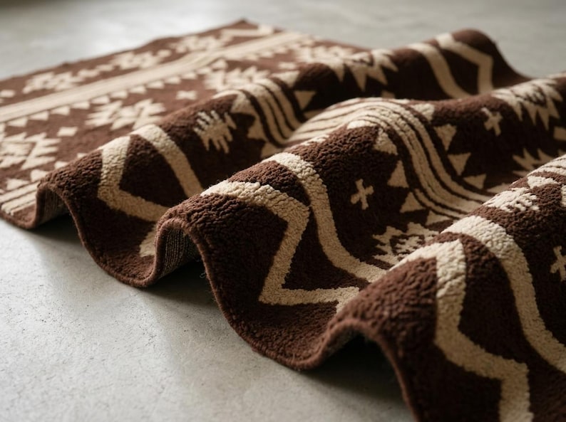 May include: A rolled-up brown and beige patterned rug. The rug features a repeating geometric design in a lighter beige color against a dark brown background. The rug's texture appears soft and plush, suitable for home decor.
