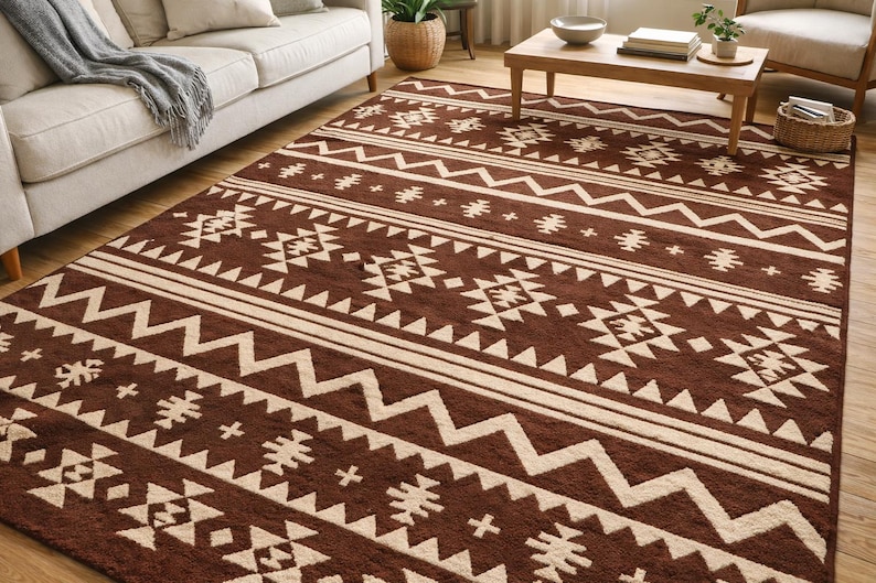 May include: A rectangular brown area rug with a geometric pattern in cream. The design features zigzags, triangles, and stylized shapes arranged in horizontal bands. The rug is placed on a hardwood floor.