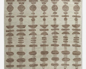 Hand Knotted Neutral Wool Area Rug | Soft Brown Pattern Large Carpet 8x10 9x12 10x14 | Calm Textured Rug for Living Room & Bedroom