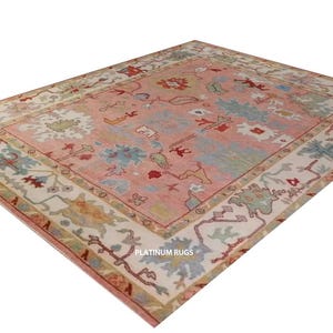 Handmade Pink Oushak Rug 6x9 8x10 9x12 Turkish Boho Wool Area Rug Vintage Style Oriental Rug for Living Room Bedroom Office Decor