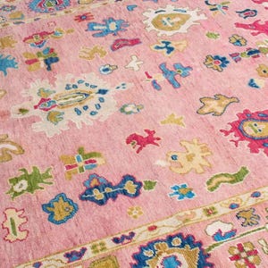Tapete Oushak rosa feito à mão, 6x9, 8x10, 9x12, tapete de lã boho turco, estilo vintage, tapete oriental para sala de estar, quarto, decoração de escritório