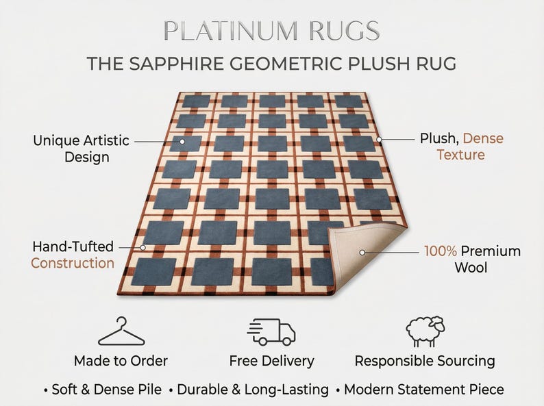 Geometric Grid Area Rug, Modern Square Pattern Carpet, Blue and Rust ...