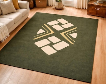 Minimalist Geometric Area Rug, Modern Abstract Green Carpet, Mid Century Inspired Rug, Neutral Living Room Decor