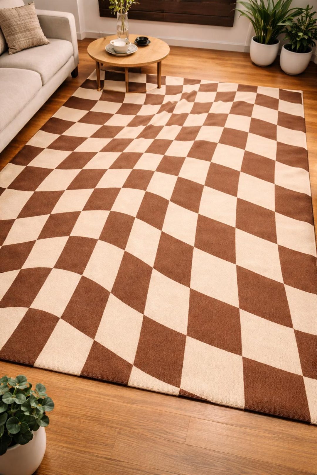 Warped Checkerboard Rug, Retro Checkered Area Rug, Optical Illusion ...