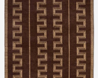 Hand Knotted Dark Brown Wool Area Rug | Geometric Stripe Large Carpet 8x10 9x12 10x14 | Minimal Pattern Rug for Living Room Bedroom