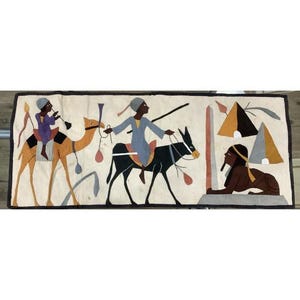 Vintage Egyptian Appliqué Work Camel Caravan & Desert Scene Tapestry