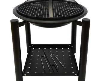 Garden Outdoor Coal and Wood Burning BBQ Durable Black Steel Free Standing Stand with Bowl Fire Pit with Lid and Shelf