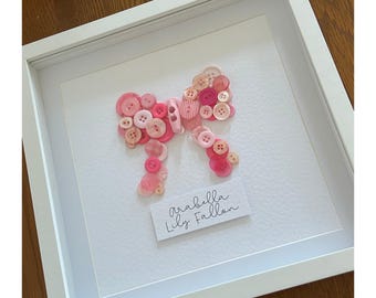 Personalised Button Art Bow | Baby Girl Bow Nursery Print Decor | Baby Keepsake Gift | Button Bow Ribbon Art | New Baby Name Birth Print