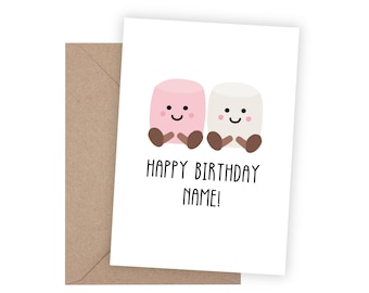 Personalised Marshmallow Duo Plushie Card | Jelly Birthday Card | Kawaii Style Marshmallow Card | Pink and White Marshmallow Pair