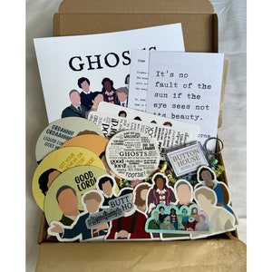 Ghosts Inspired Gift Bundle | Button House | Ghosts Characters | Six Idiots | Ghosts Gift | Ghosts Coasters Keyring Sticker Bookmark Card