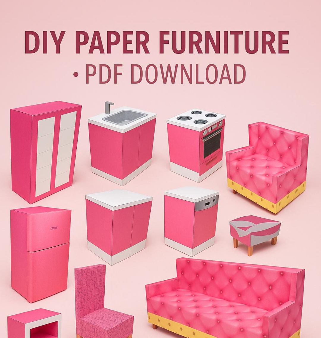 Printable Dollhouse Furniture Set – 14 Piece DIY Paper Furniture | 1:6  Scale | PDF Download | Cut \u0026 Glue Activity for 12” Dolls (53 Sheets) - Etsy, image size:1080x1137