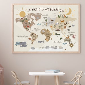 personalized boho style world map in beige, pink or blue