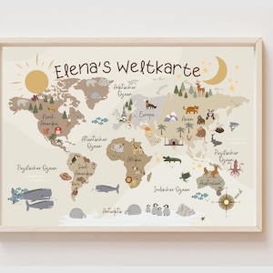 personalisierte Weltkarte im Boho Stil in Beige, Rosa oder Blau