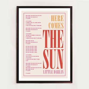 Here comes the sun, Unframed Song lyric Print, Art Poster, Music Print, Rock Art