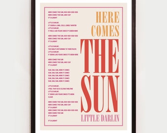 Here comes the sun, Unframed Song lyric Print, Art Poster, Music Print, Rock Art